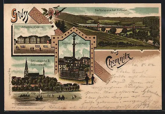 Lithographie Chemnitz, Infanterie-Kaserne, Schlosskirche & Schlossteich