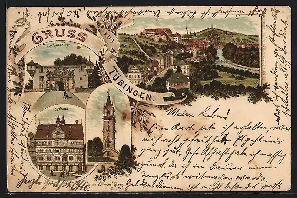 Lithographie Tübingen, Gesamtansicht, Schlossthor, Rathaus, Kaiser Wilhelm Turm