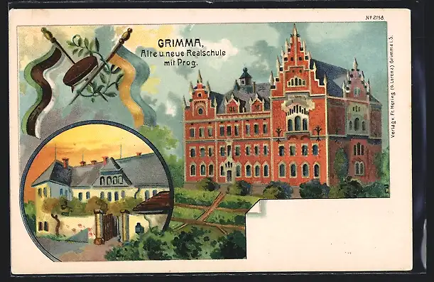 Künstler-AK Grimma, Alte und neue Realschule mit Prog.
