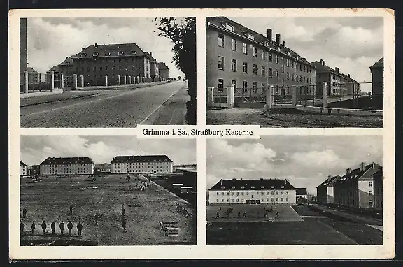 AK Grimma, Strassburg-Kaserne, Strassenpartie, Platzansicht während der Übungen