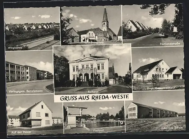 AK Rheda /Westf., Wegböhne, Verlagsgem. Bertelsmann, Auf der Howe, Wilhelmsplatz, Rathaus, Freibad, Johannis Schule u.a.