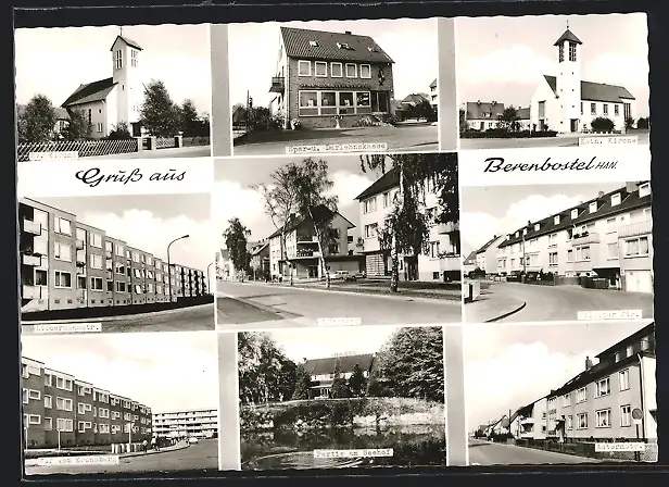 AK Berenbostel /Han., Birkenweg, Spar- u. Darlehnskasse, Kath. u. Ev. Kirche, Tilsiter Str., Asternstr., Liebermannstr.