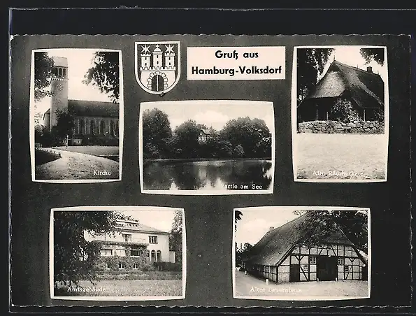 AK Hamburg-Volksdorf, Alte Räucherkate, Amtsgebäude, Kirche, Wappen
