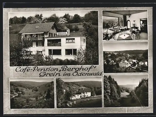 AK Grein im Odenwald, Ortsansicht und Cafè-Pension Berghof