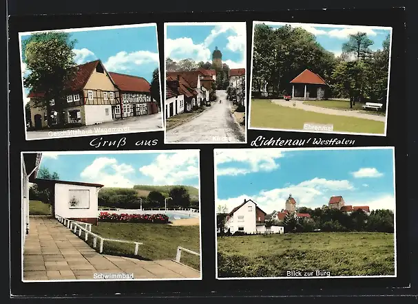 AK Lichtenau /Westfalen, Geschäftshaus Wagemeyer, Kirche, Ehrenmal, Schwimmbad und Blick zur Burg