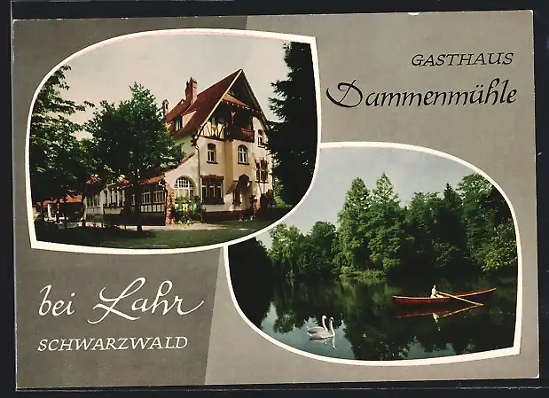 AK Lahr im Schwarzwald, am Gasthaus Dammenmühle, Ruderboot auf dem See