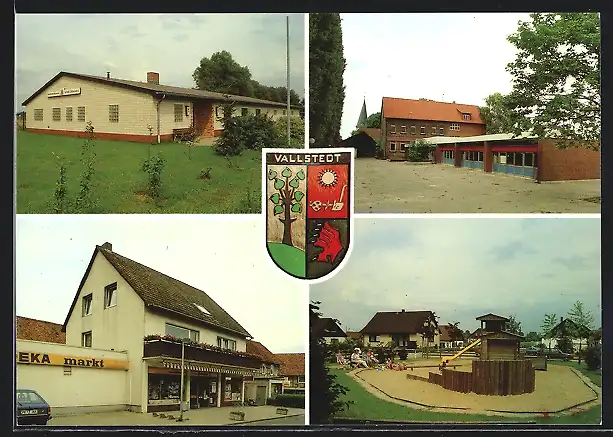 AK Vallstedt, Vier Ansichten aus der Ortschaft mit Wappen