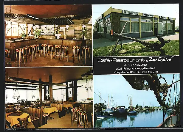 AK Friedrichskoog /Nordsee, Café-Restaurant Zur Spitze, Innen- und Aussenansichten, Hafenpartie