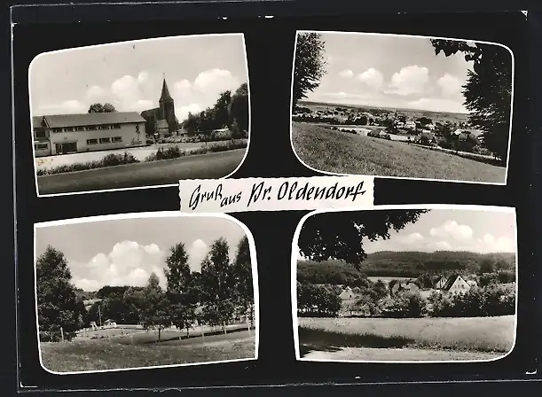 AK Pr. Oldendorf, Freibad, Ortspartie mit Kirche, Ortsansicht