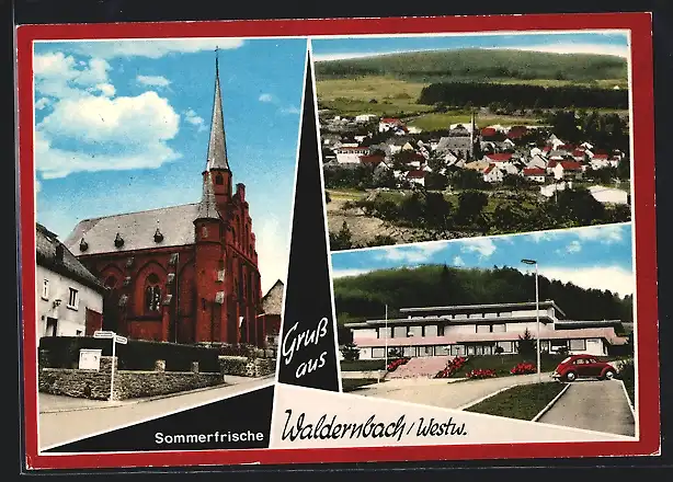 AK Waldernbach /Westw., Kirche, Flachdachgebäude, Gesamtansicht, VW-Käfer