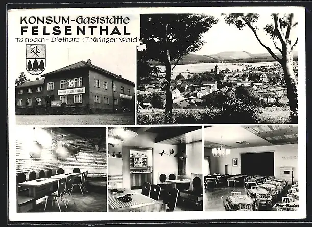 AK Tambach-Dietharz /Th., Konsum-Gaststätte Felsenthal, Ortsansicht, Wappen