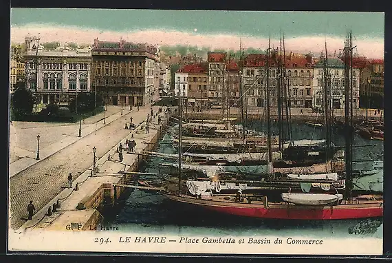 AK Le Havre, Place Gambetta et Bassin du Commerce