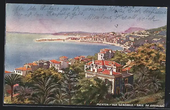 Künstler-AK Menton, Vue Generale, Baie de Garavan