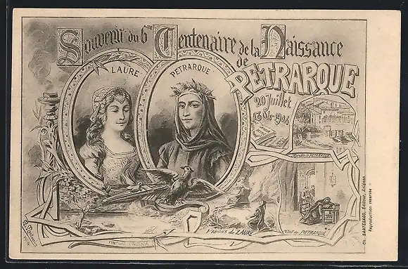 Künstler-AK Fontaine-de-Vaucluse, Centenaire de la Naissance de Petrarque 1904, Portraits, Visions de Laure et Petrarque