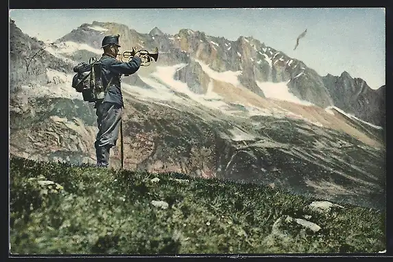AK Trompeter gibt Signal zum Gefechtsabbruch im Gebirge