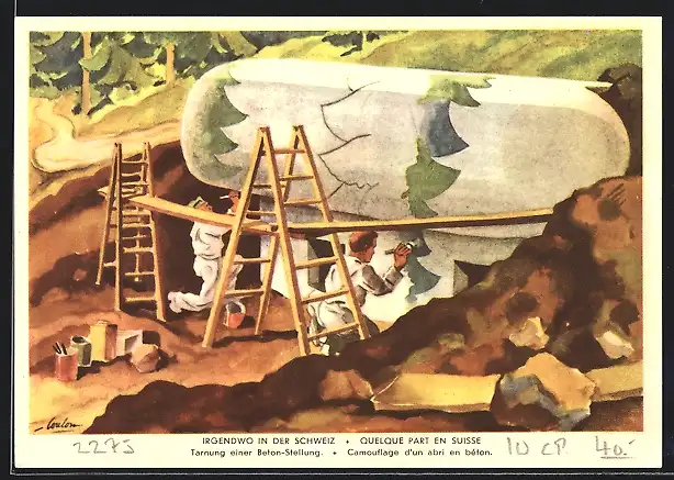 Künstler-AK Grenzbesetzung 1939 /40, Irgendwo in der Schweiz, Tarnung einer Beton-Stellung