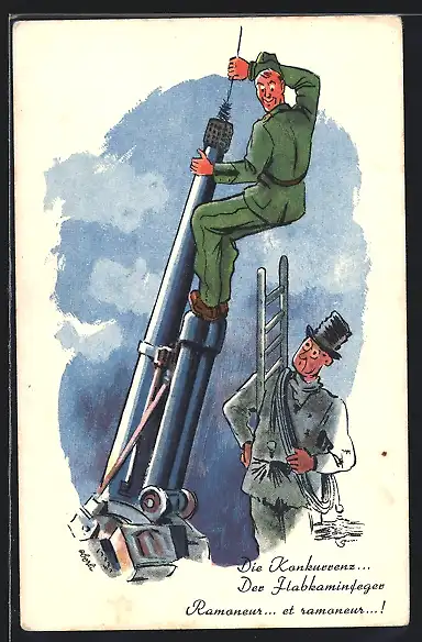 AK Kaminfeger und Soldat beim Kanonenputzen, Karikatur