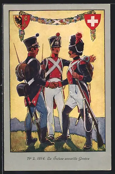 Künstler-AK Geneve, Soldaten in Uniformen mit Waffen, Wappen