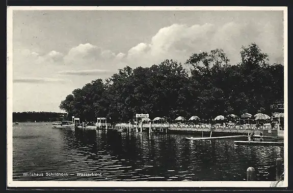 AK Berlin-Grunewald, Gasthaus Schildhorn E. Richter, vom Wasser gesehen