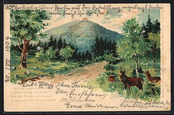 Lithographie Inselberg, Ortsansicht mit Hirschen