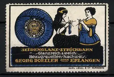 Reklamemarke Seidenglanz-Strickgarn ist glanzreich und weich, Georg Doeller & Sohn, Erlangen, Hausfrauen beim Stricken