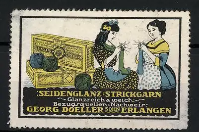 Reklamemarke Seidenglanz-Strickgarn ist glanzreich und weich, Georg Doeller & Sohn, Erlangen, Hausfrauen beim Stricken