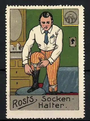 Reklamemarke Rost's Sockenhalter, Mann zieht sich Socken an