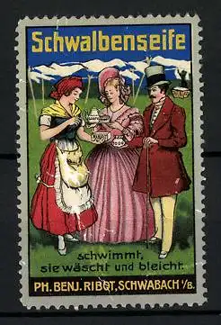 Reklamemarke Schwalbenseife schwimmt, sie wäscht und belicht, Ph. Benj. Ribot, Schwabach, Hausfrau mit Liebespaar