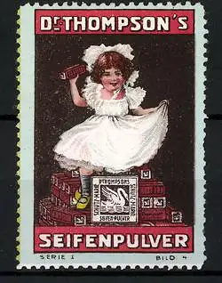 Reklamemarke Dr. Thompson's Seifenpulver, mit dem Schwan, Mädchen sitzt auf Seifenpulverschachteln