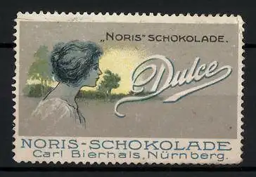 Reklamemarke Noris-Schokolade Dulce, Carl Bierhals, Nürnberg, Frau am Feldrand