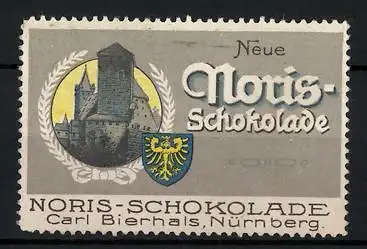 Reklamemarke Neue Noris-Schokolade, Carl Bierhals, Nürnberg, Stadtansicht mit Turm, Wappen