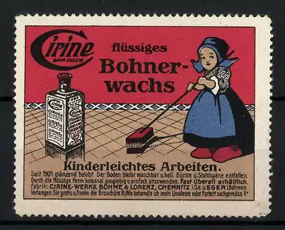 Reklamemarke Cirine ist flüssiges Bohnerwachs, Mädchen in niederländischer Tracht poliert den Fussboden, Flasche