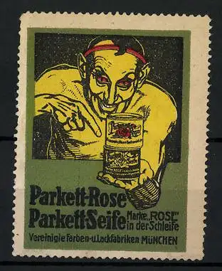 Reklamemarke Parkett-Rose und Parkett-Seife, Vereinigte Farben- und Lackfabriken München, Teufel hält Dosen