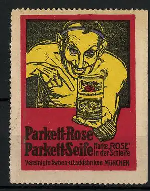 Reklamemarke Parkett-Rose und Parkett-Seife, Vereinigte Farben- und Lackfabriken München, Teufel hält Dosen