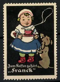 Reklamemarke Aecht Franck Kaffeezusatz, Mädchen mit Tasse Kaffee und Dackel