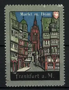 Reklamemarke Frankfurt a. M., Markt mit Dom, Wappen