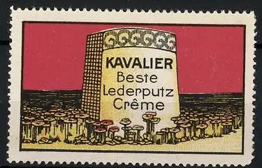 Reklamemarke Kavalier beste Lederputz-Creme, Gedenkstein von Pilzen / Blumen umgeben