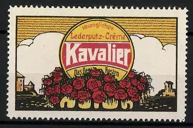 Reklamemarke Kavalier vorzüglichste Lederputz-Creme, das Beste vom Besten, Ortsansicht, Dose auf einem Rosenbett