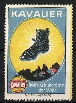 Reklamemarke Kavalier - beste Schuhcreme der Welt, Union Augsburg, glänzender Stiefel und Dose