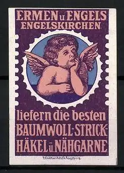Reklamemarke Baumwoll-, Strick-, Häkel- und Nähgarne von Ermels und Engels, Engelskirchen, Engel im Portrait