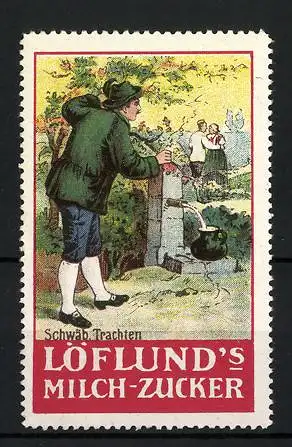 Reklamemarke Löflund's Milch-Zucker, Mann beobachtet ein Liebespaar, Schwäbische Trachten