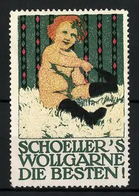 Reklamemarke Schoeller's Wollgarne sind die Besten!, nacktes Kind zieht sich Strümpfe an