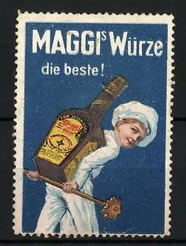 Reklamemarke Maggi's Würze ist die Beste!, Koch mit Würzflasche auf dem Rücken