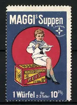 Reklamemarke Maggi's Suppen, Schutzmarke Kreuzstern, Knabe im Matrosenanzug isst einen Teller Suppe