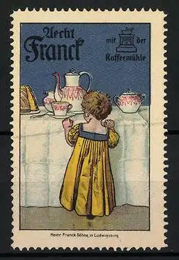 Reklamemarke Aecht Franck mit der Kaffeemühle, Mädchen am Kaffeetisch