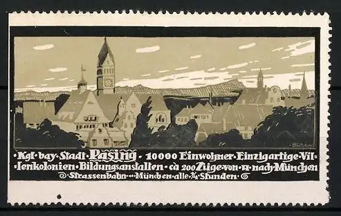 Künstler-Reklamemarke Böttcher, Pasing, Villenkolonien und Bildungsanstalten, Panorama der Ortschaft