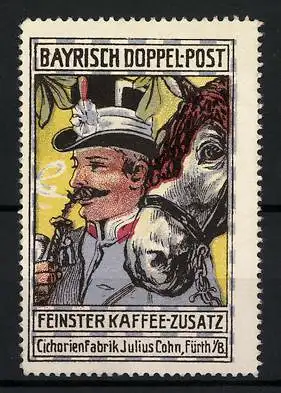 Reklamemarke Bayrisch Doppel-Post ist feinster Kaffee-Zusatz, Cichorienfabrik Julius Cohn, Fürth, Kutscher mit Pferd