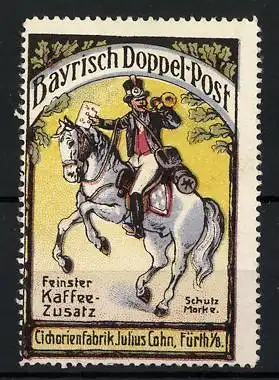 Reklamemarke Bayrisch Doppel-Post ist feinster Kaffee-Zusatz, Cichorienfabrik Julius Cohn, Fürth, Postreiter