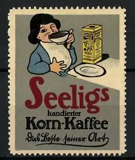 Reklamemarke Seelig's kandierter Kornkaffee, Mädchen mit Kaffeetasse