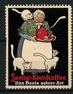 Reklamemarke Seelig's kandierter Kornkaffee, das Beste seiner Art, Katzenfrau mit Kaffeekanne